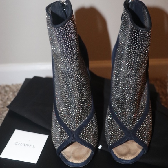 Chanel Blue Suede Peep-toe Glitter Bootie with Lucite Heel - Picture 4 of 7